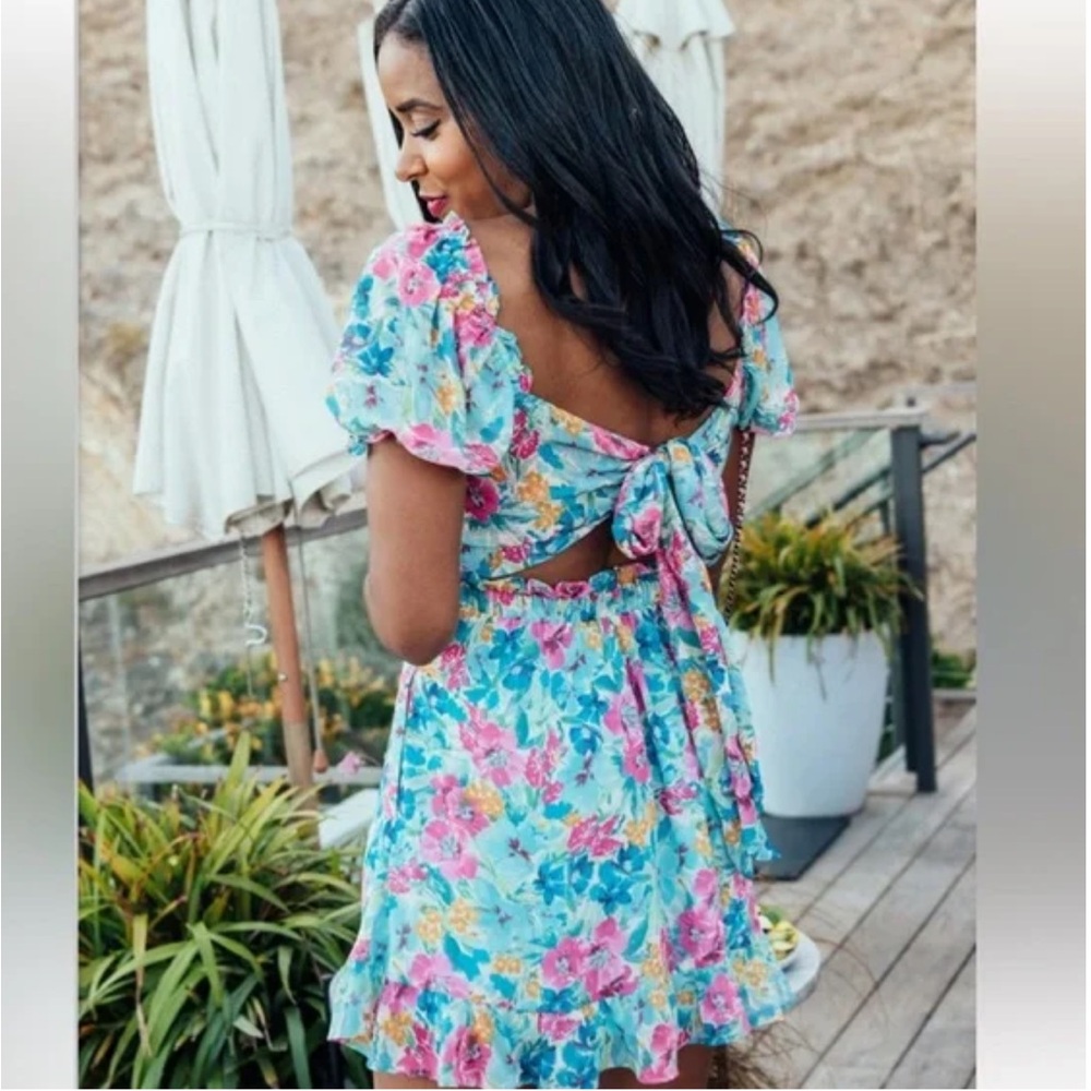 Show Your Mumu Aqua Fuchsia Pink Floral Tori Tie Back‎ Mini Dress XL